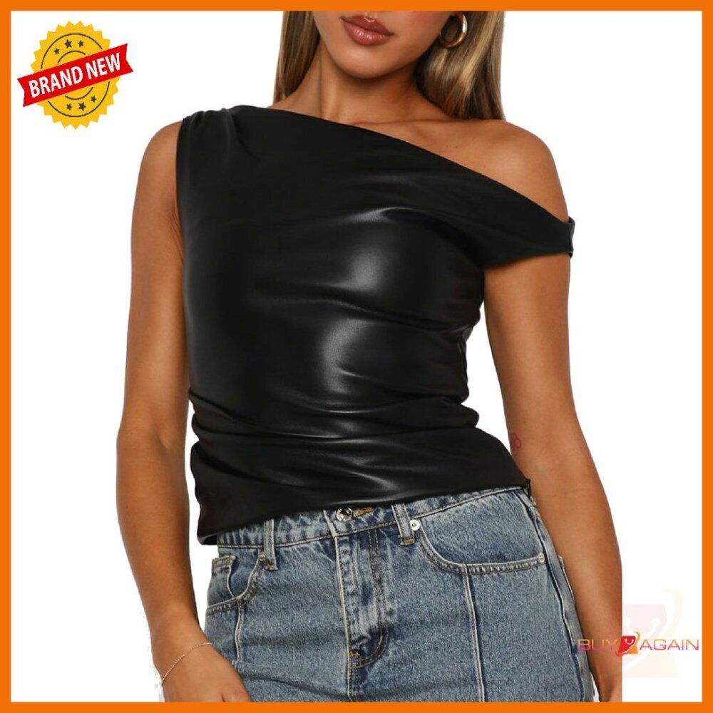 Faux Leather Off Shoulder Crop Top Slim Fit Sleeveless Tank